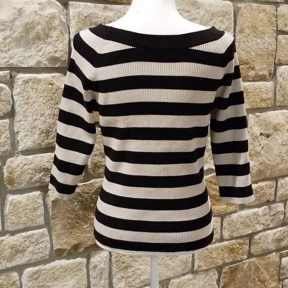 (RELATIVITY) women's ribbed sweater black tan size large graphic stripe - Picture 3 of 5